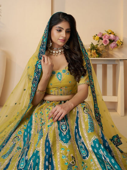 Odette Yellow Banarasi Silk Embroidered Semi-Stitched Lehenga For Women