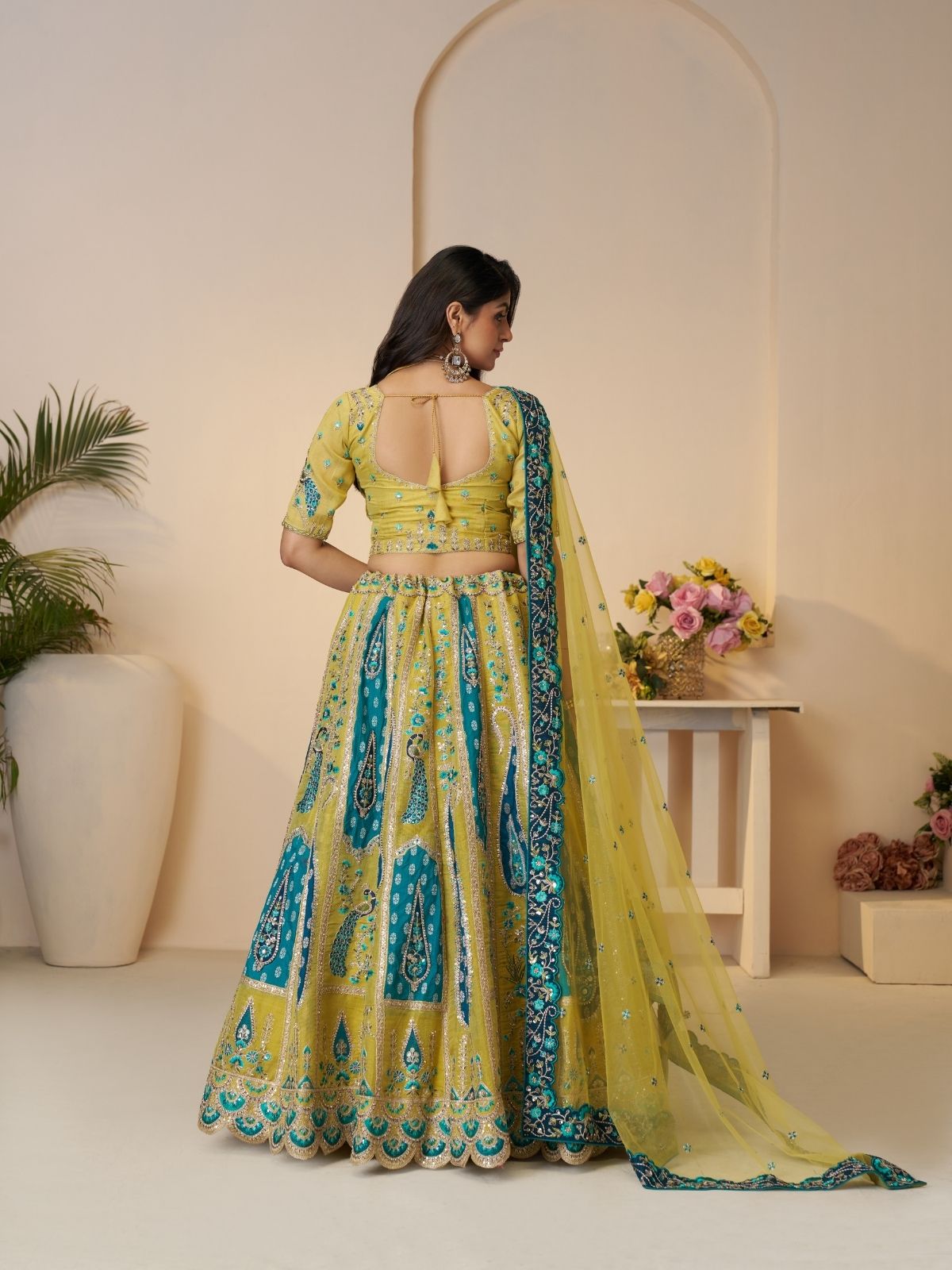 Odette Yellow Banarasi Silk Embroidered Semi-Stitched Lehenga For Women