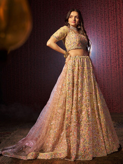 Odette Yellow Net Embroidered Semi-Stitched Lehenga For Women
