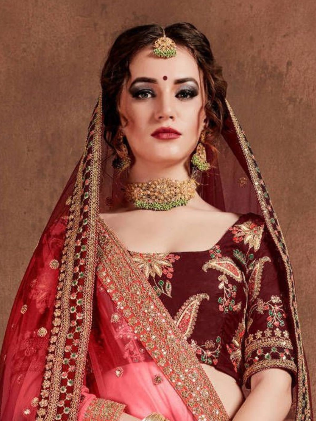 Odette Maroon Silk Blend Embroidered Semi-Stitched lehenga For Women