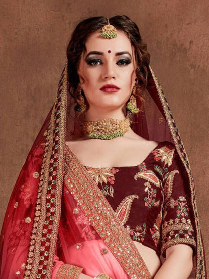 Odette Maroon Silk Blend Embroidered Semi-Stitched lehenga For Women