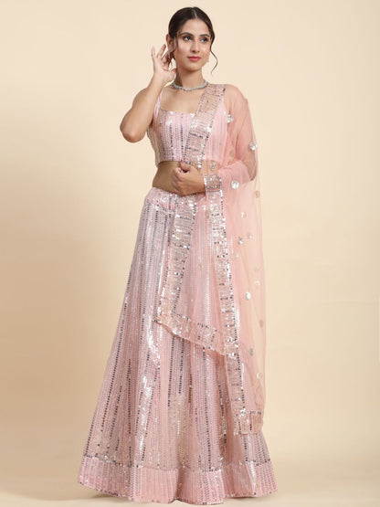 Odette Baby Pink Georgette Embellished Semi-Stitched Lehenga For Women