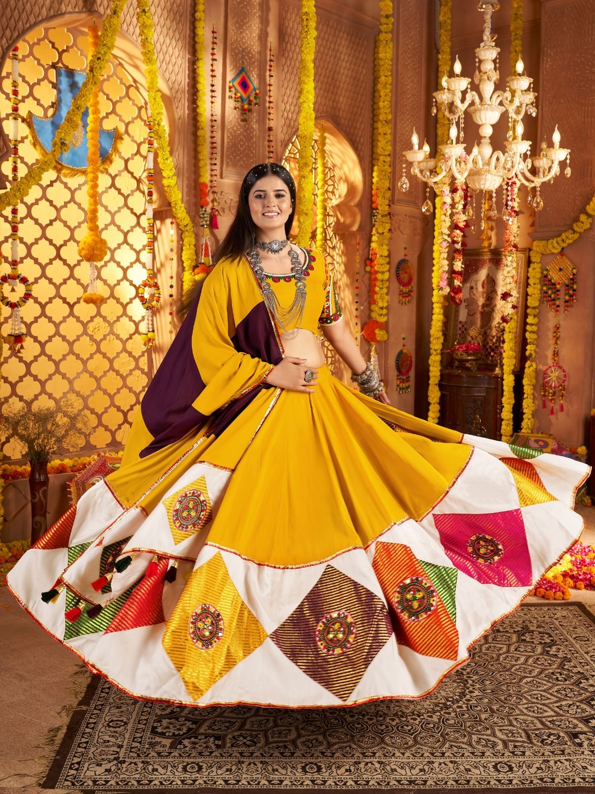 Odette Multicolor Viscose Cotton Embroidered Semi-Stitched lehenga With Patch Work And Stunning Tassels For Women