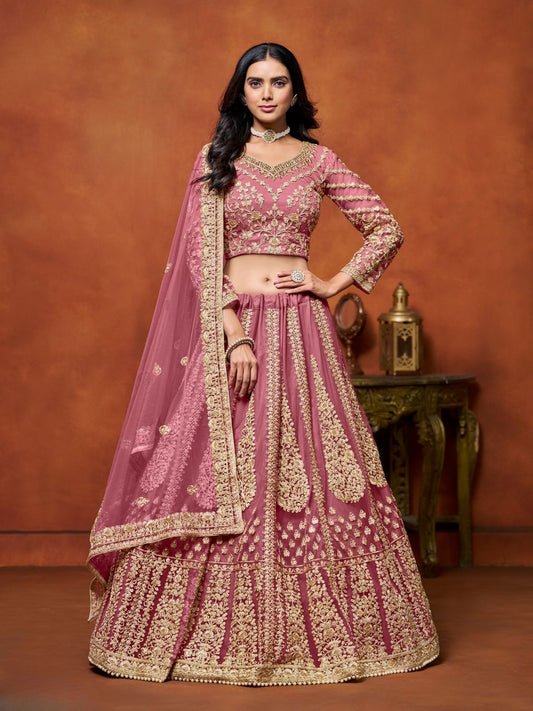 Odette Pink Net Embroidered Semi-Stitched lehenga For Women