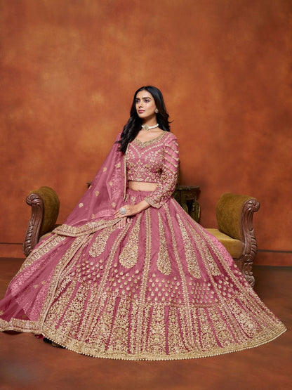Odette Pink Net Embroidered Semi-Stitched lehenga For Women