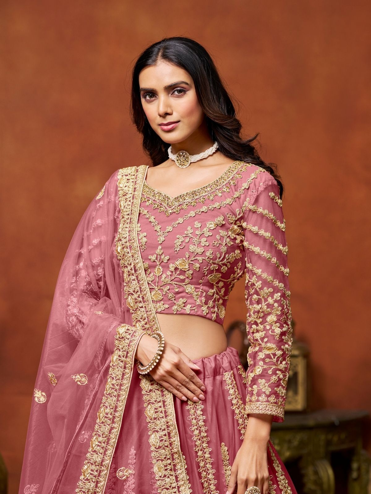 Odette Pink Net Embroidered Semi-Stitched lehenga For Women