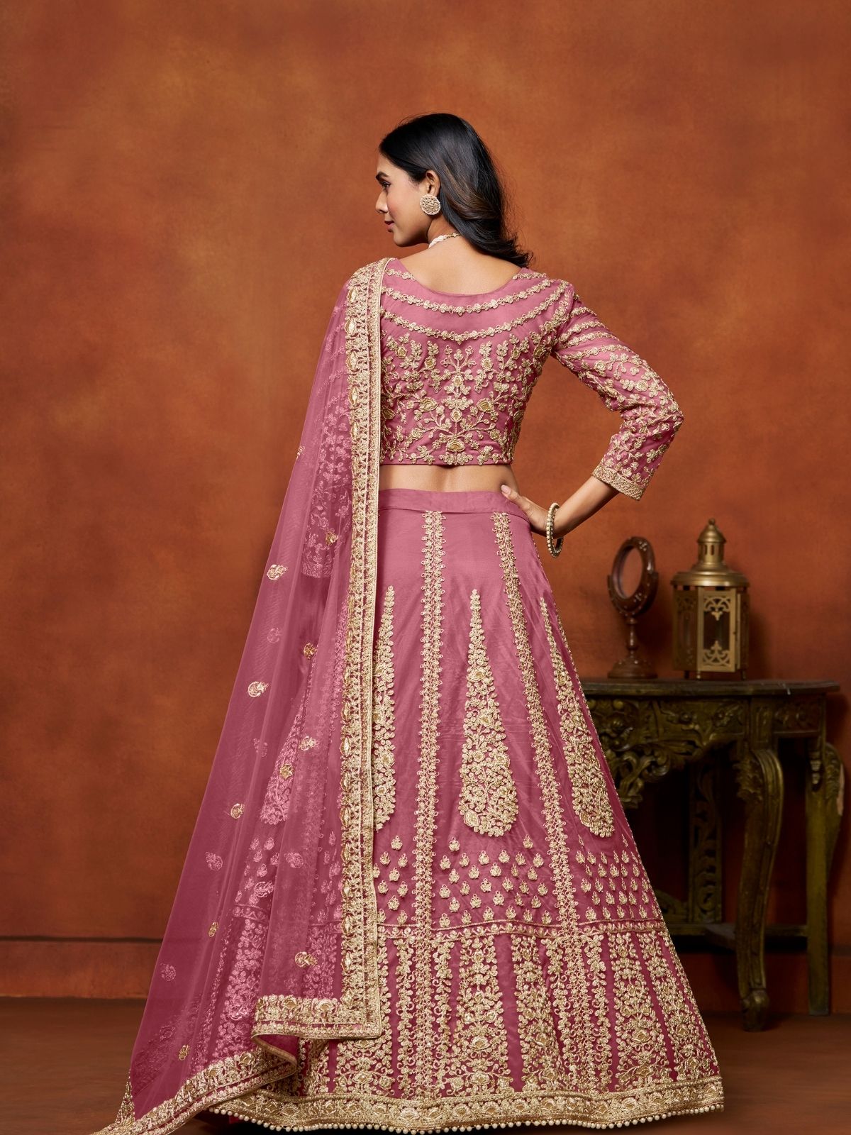 Odette Pink Net Embroidered Semi-Stitched lehenga For Women