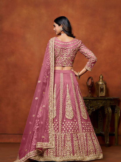 Odette Pink Net Embroidered Semi-Stitched lehenga For Women