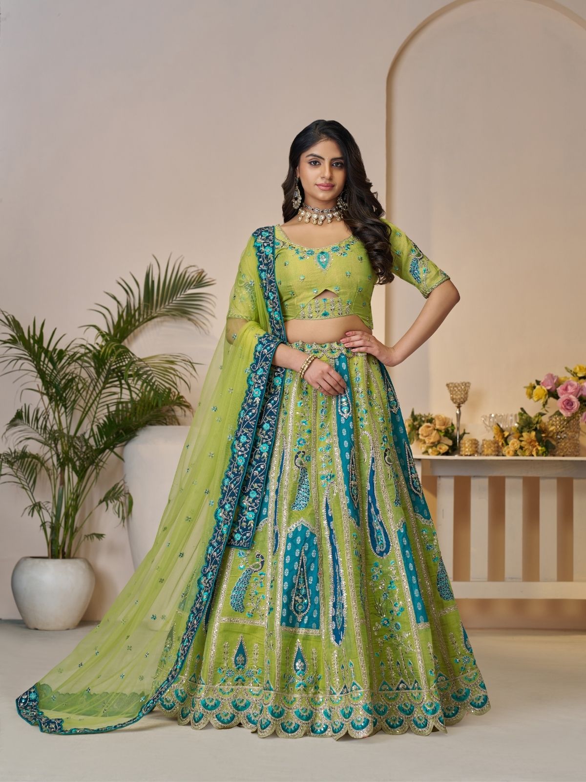 Odette Green Banarasi Silk Embroidered Semi-Stitched Lehenga For Women