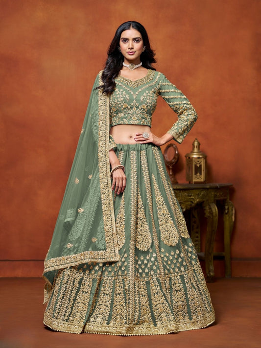 Odette Green Net Embroidered Semi-Stitched lehenga For Women