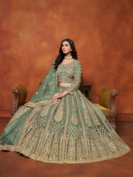 Odette Green Net Embroidered Semi-Stitched lehenga For Women