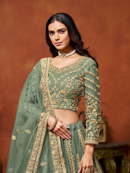 Odette Green Net Embroidered Semi-Stitched lehenga For Women