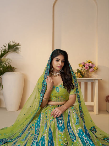Odette Green Banarasi Silk Embroidered Semi-Stitched Lehenga For Women