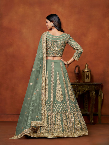 Odette Green Net Embroidered Semi-Stitched lehenga For Women