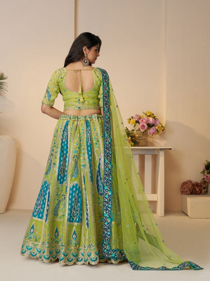 Odette Green Banarasi Silk Embroidered Semi-Stitched Lehenga For Women