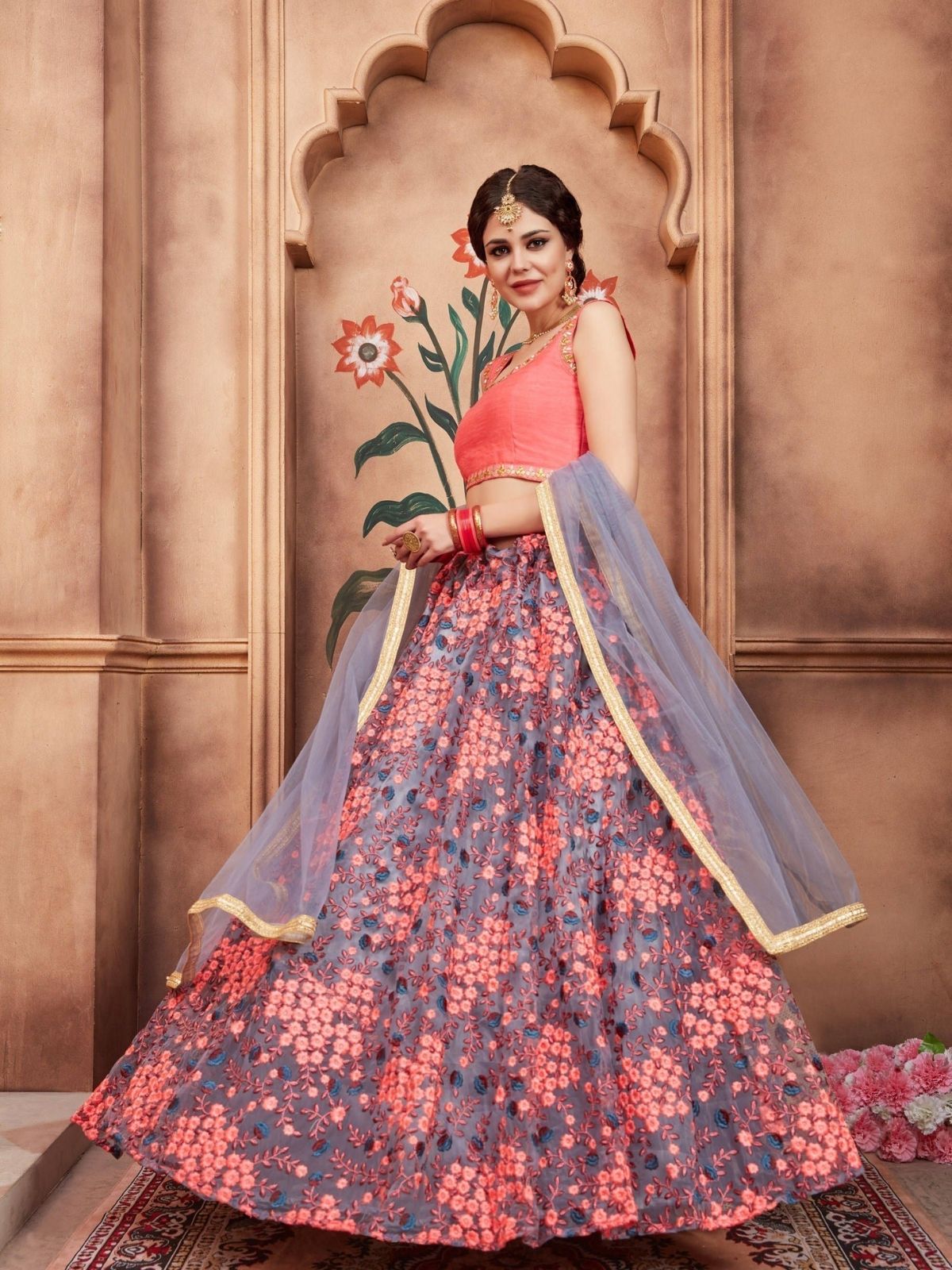 Odette Grey Net Embroidered Semi-Stitched lehenga For Women