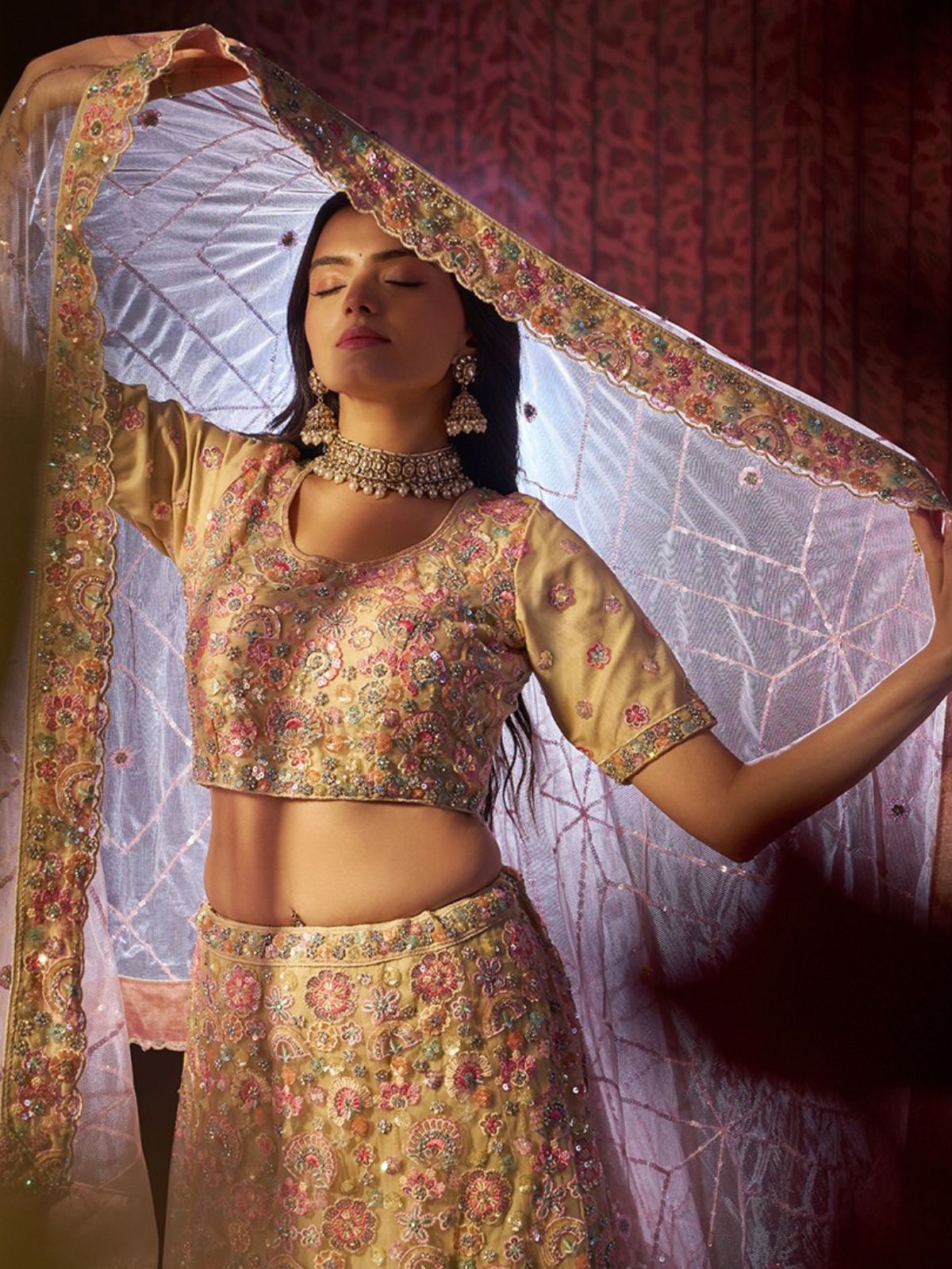 Odette Yellow Net Embroidered Semi-Stitched Lehenga For Women