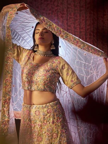 Odette Yellow Net Embroidered Semi-Stitched Lehenga For Women