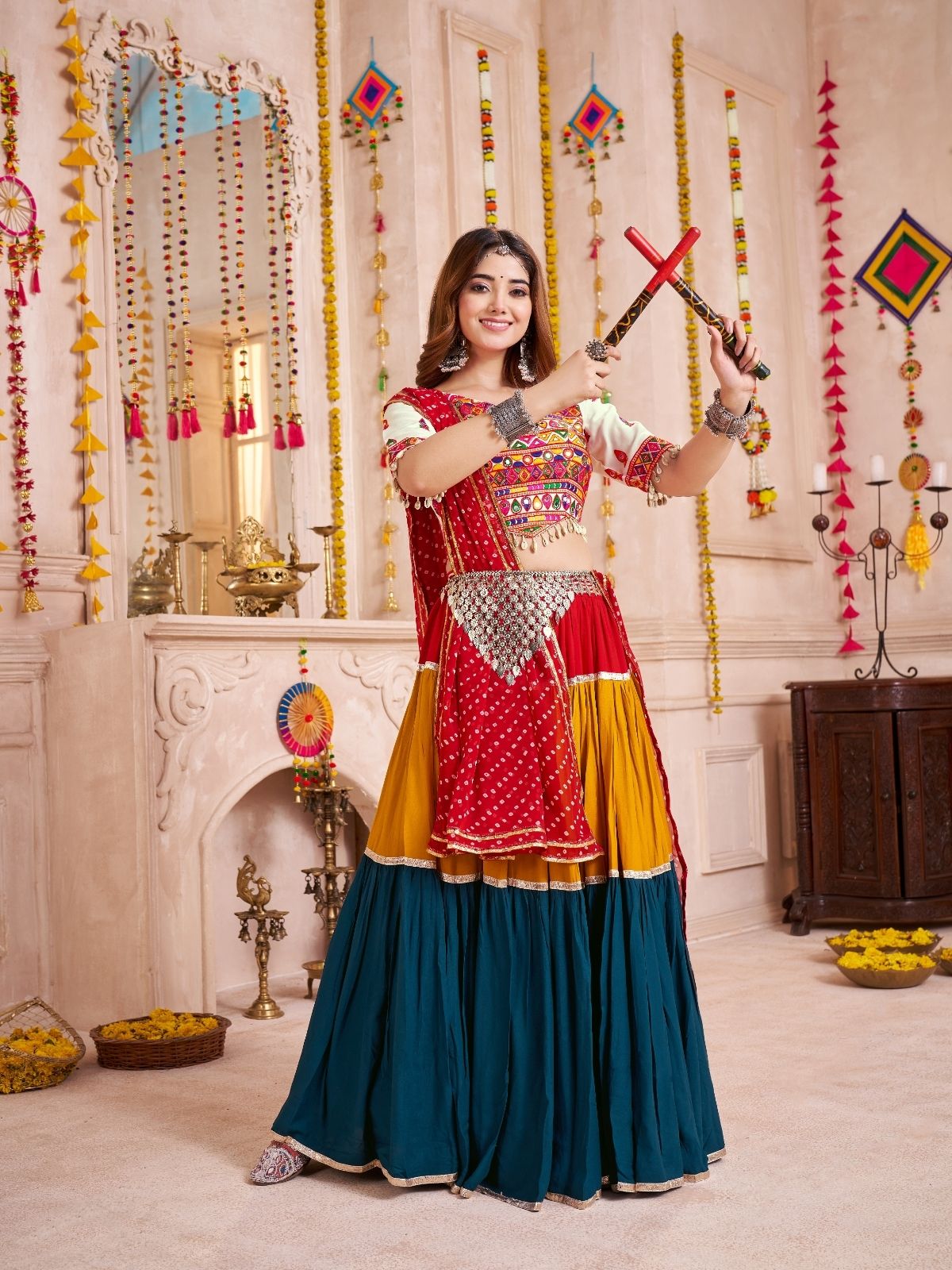 Odette Multicolor Cotton Blend Solid With Golden Border Semi-Stitched Lehenga For Women