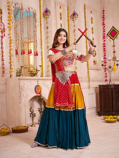 Odette Multicolor Cotton Blend Solid With Golden Border Semi-Stitched Lehenga For Women