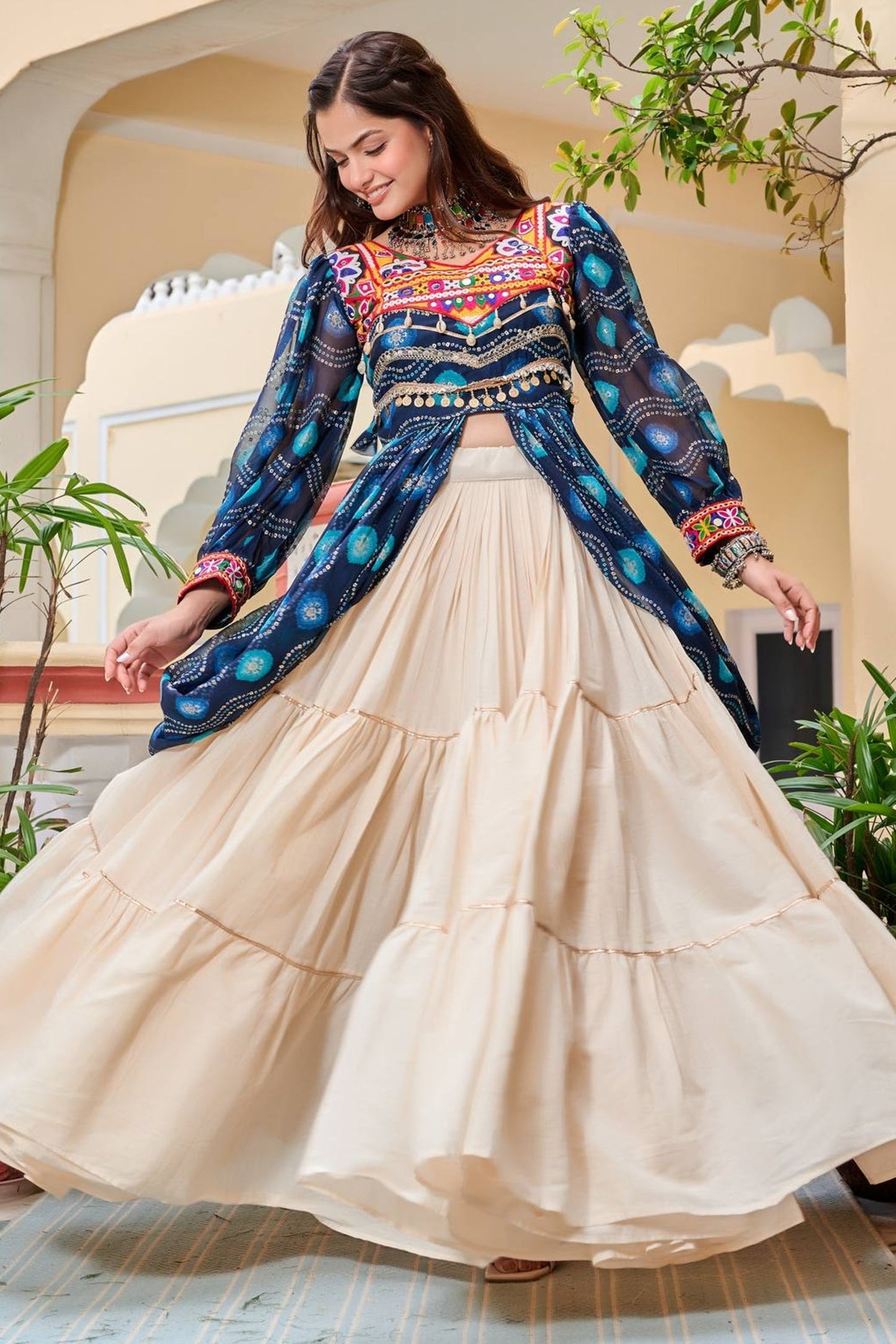 Blue Cotton Kachchi Work Shrug with Plain Lehenga