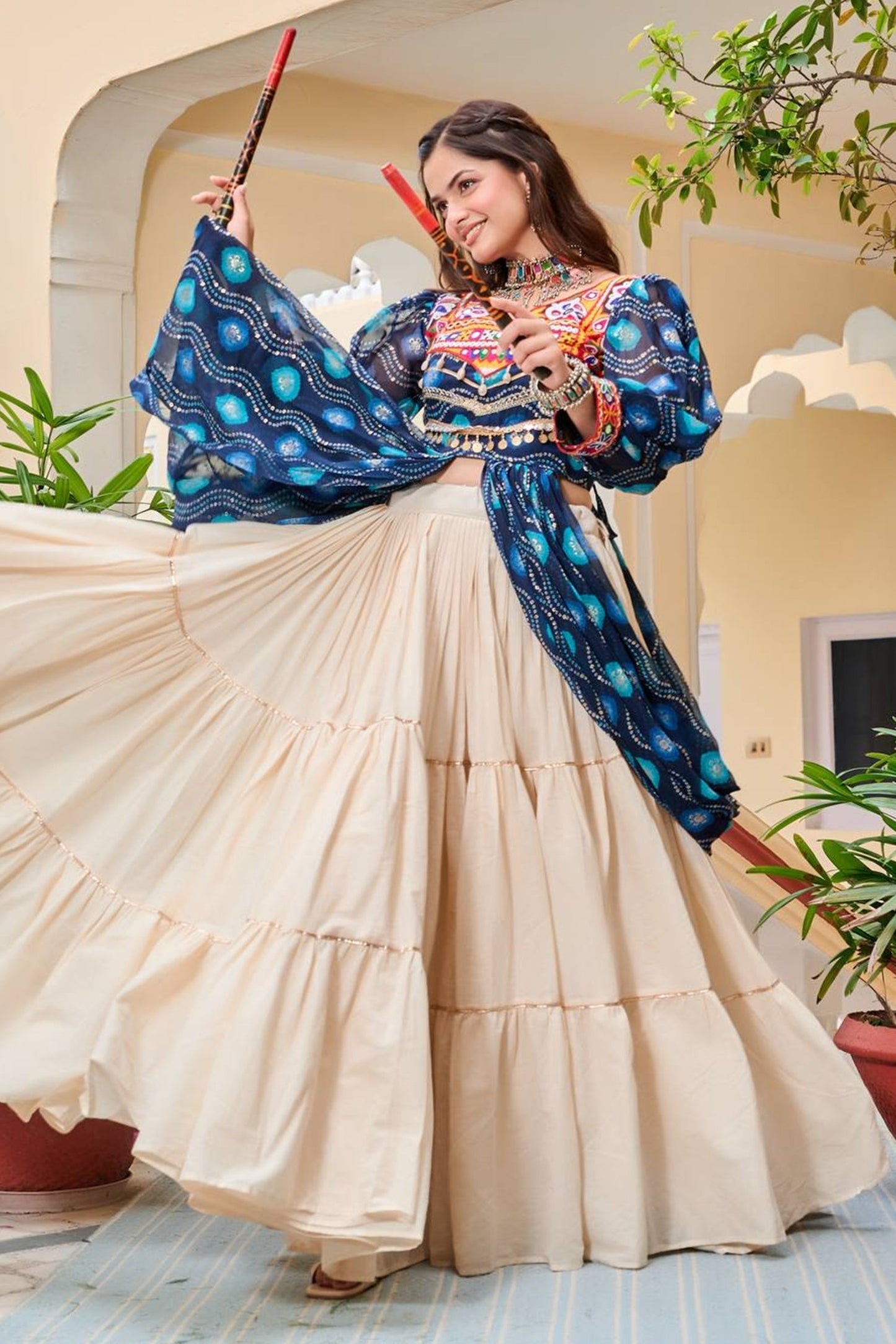 Blue Cotton Kachchi Work Shrug with Plain Lehenga