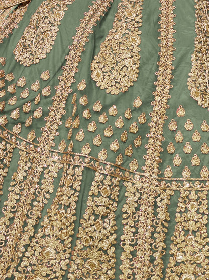Odette Green Net Embroidered Semi-Stitched lehenga For Women