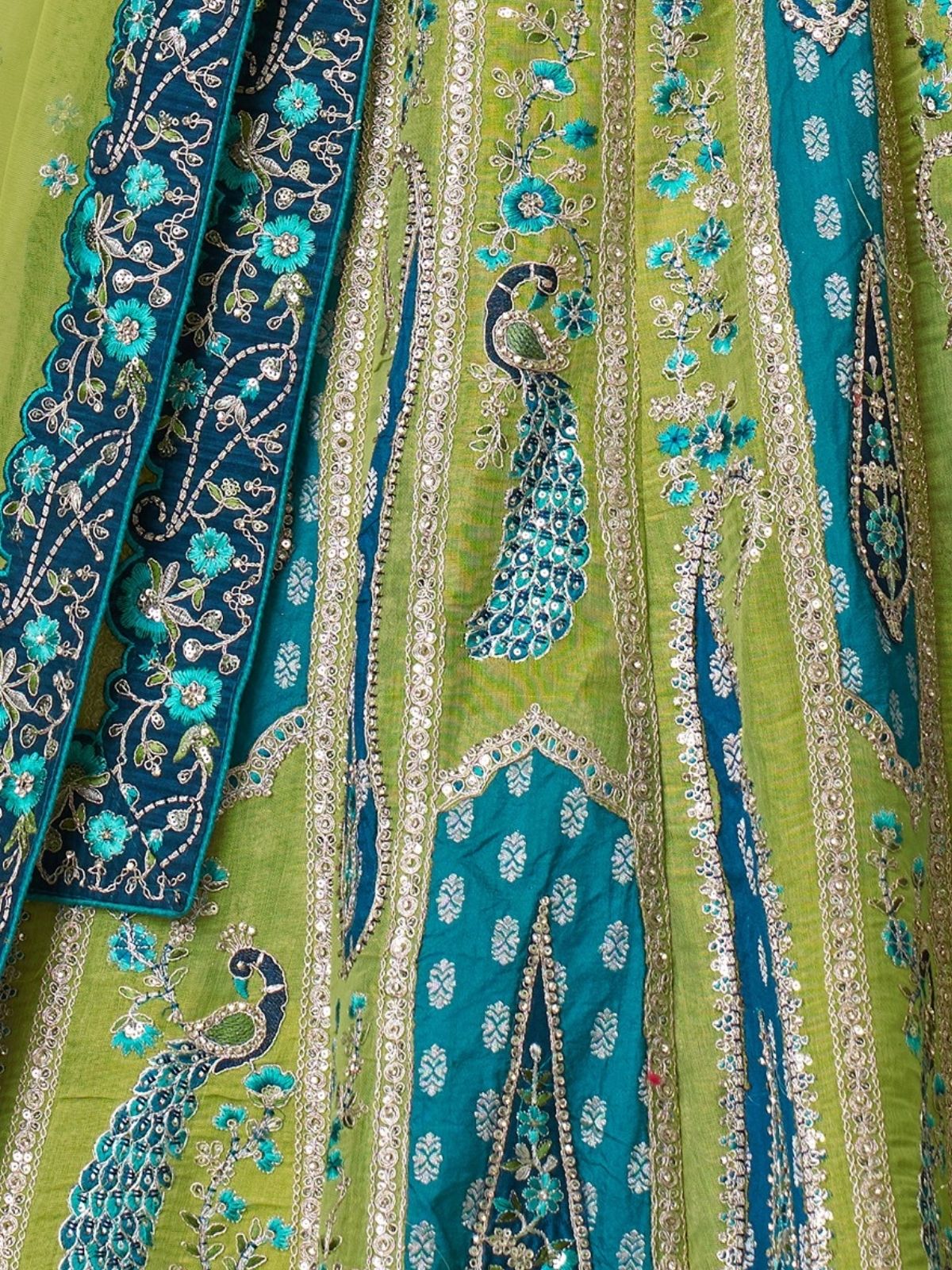 Odette Green Banarasi Silk Embroidered Semi-Stitched Lehenga For Women