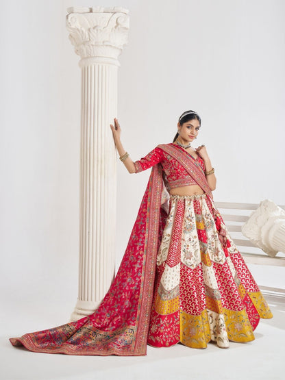 Odette Multicolor Banarasi Silk Embroidered Semi-Stitched Lehenga For Women