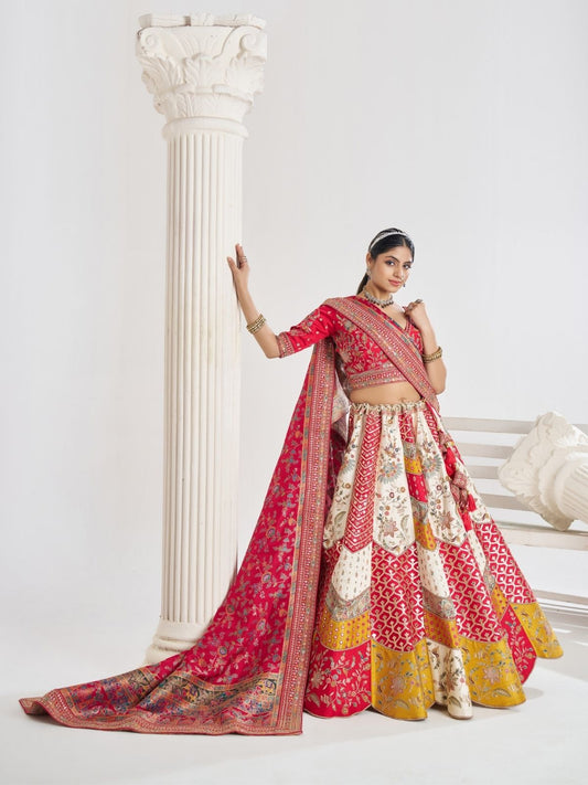 Odette Multicolor Banarasi Silk Embroidered Semi-Stitched Lehenga For Women