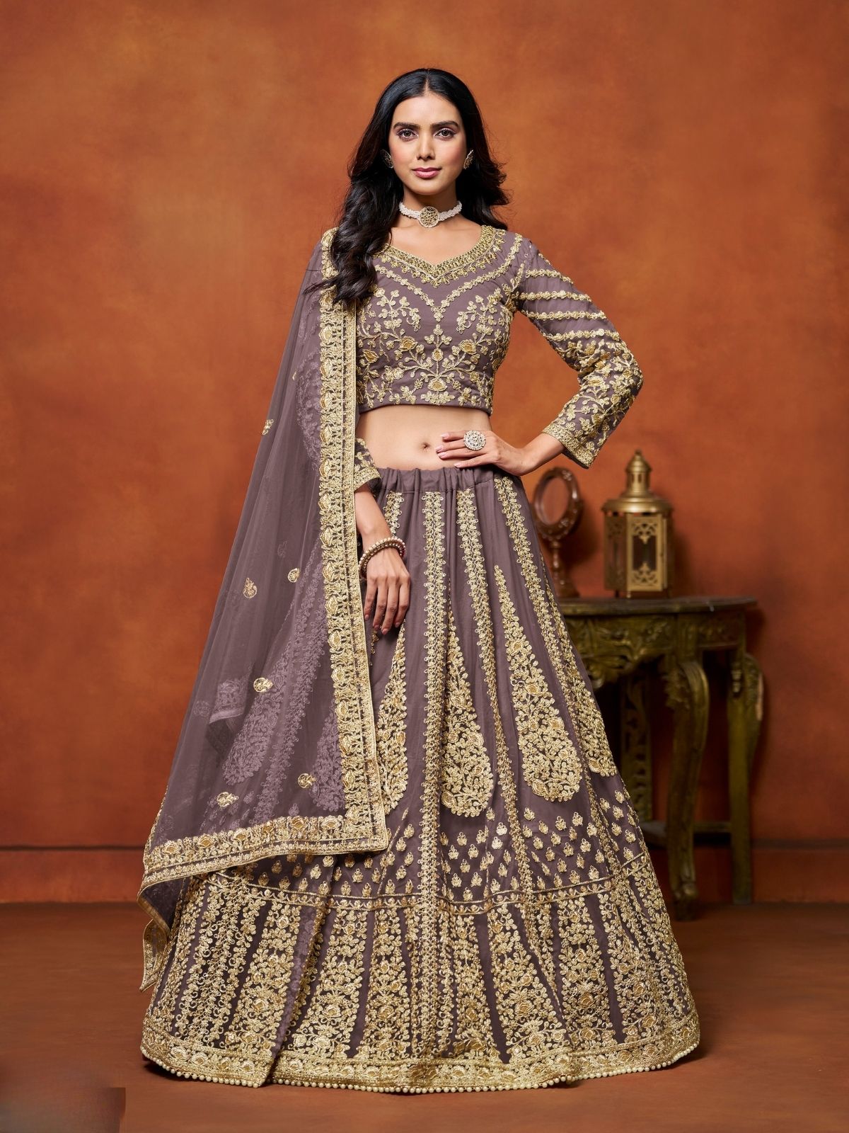 Odette Purple Net Embroidered Semi-Stitched lehenga For Women