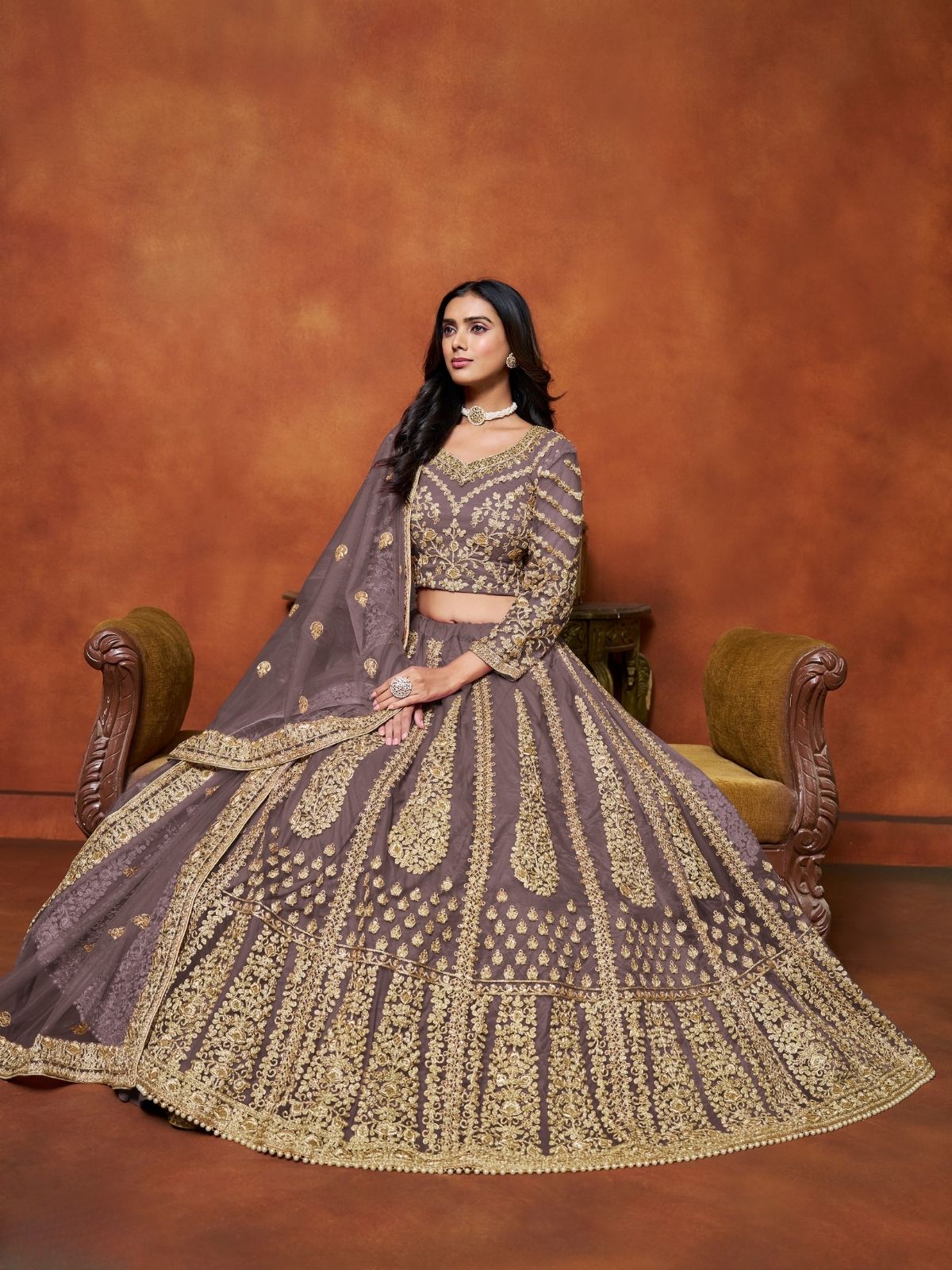 Odette Purple Net Embroidered Semi-Stitched lehenga For Women