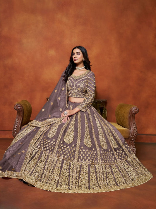 Odette Purple Net Embroidered Semi-Stitched lehenga For Women