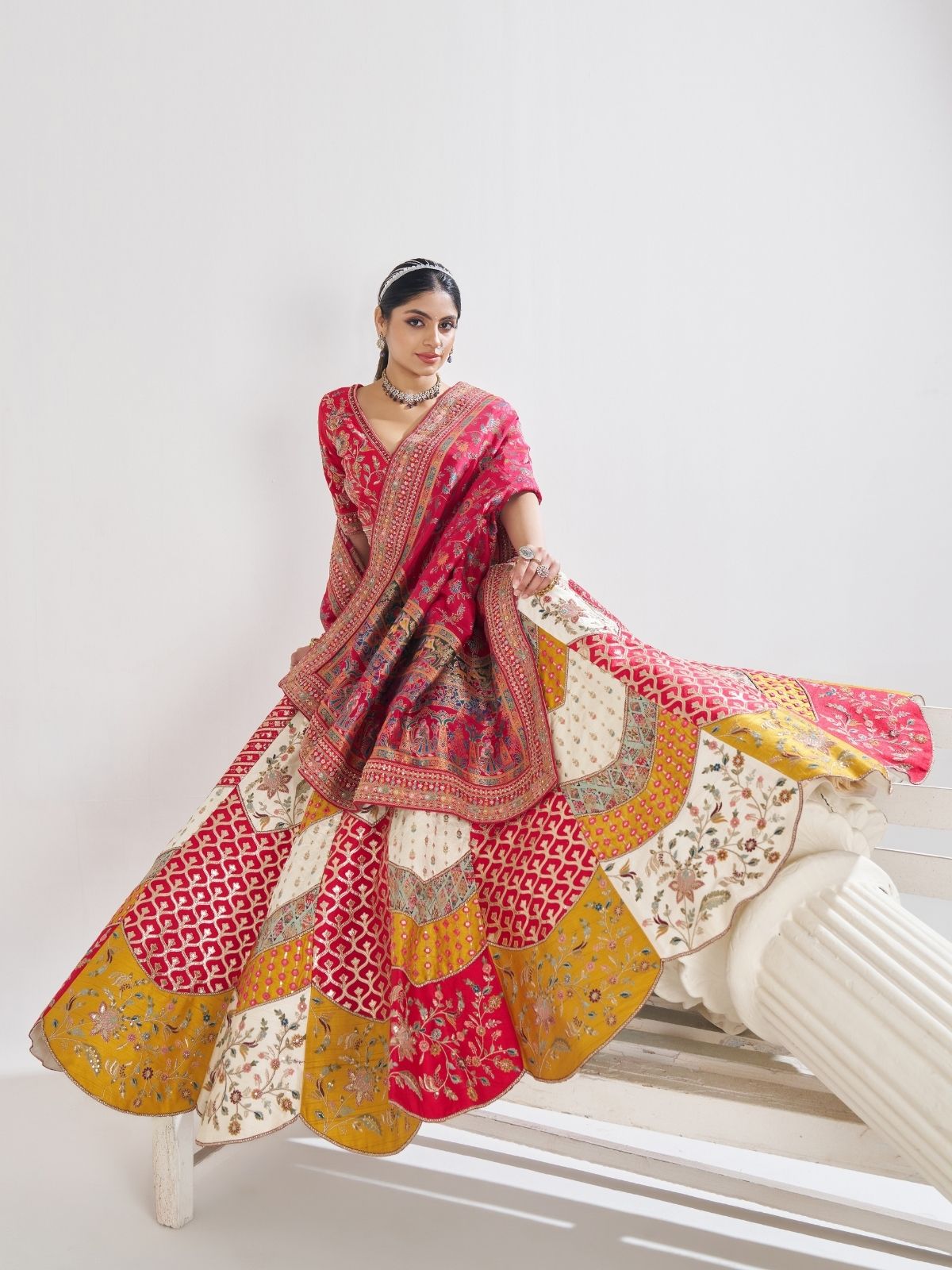 Odette Multicolor Banarasi Silk Embroidered Semi-Stitched Lehenga For Women