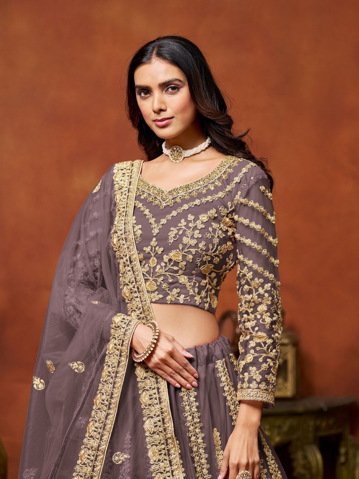 Odette Purple Net Embroidered Semi-Stitched lehenga For Women