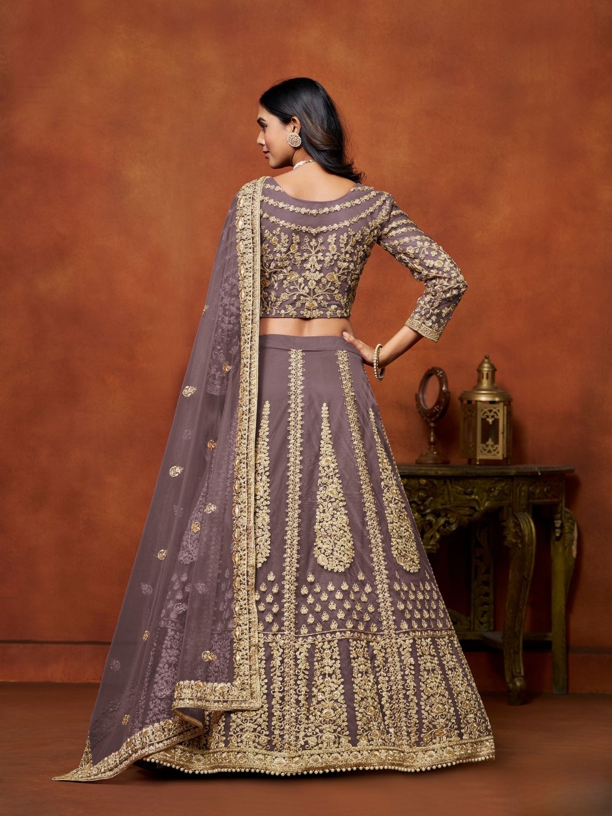 Odette Purple Net Embroidered Semi-Stitched lehenga For Women
