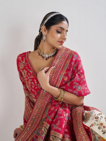 Odette Multicolor Banarasi Silk Embroidered Semi-Stitched Lehenga For Women