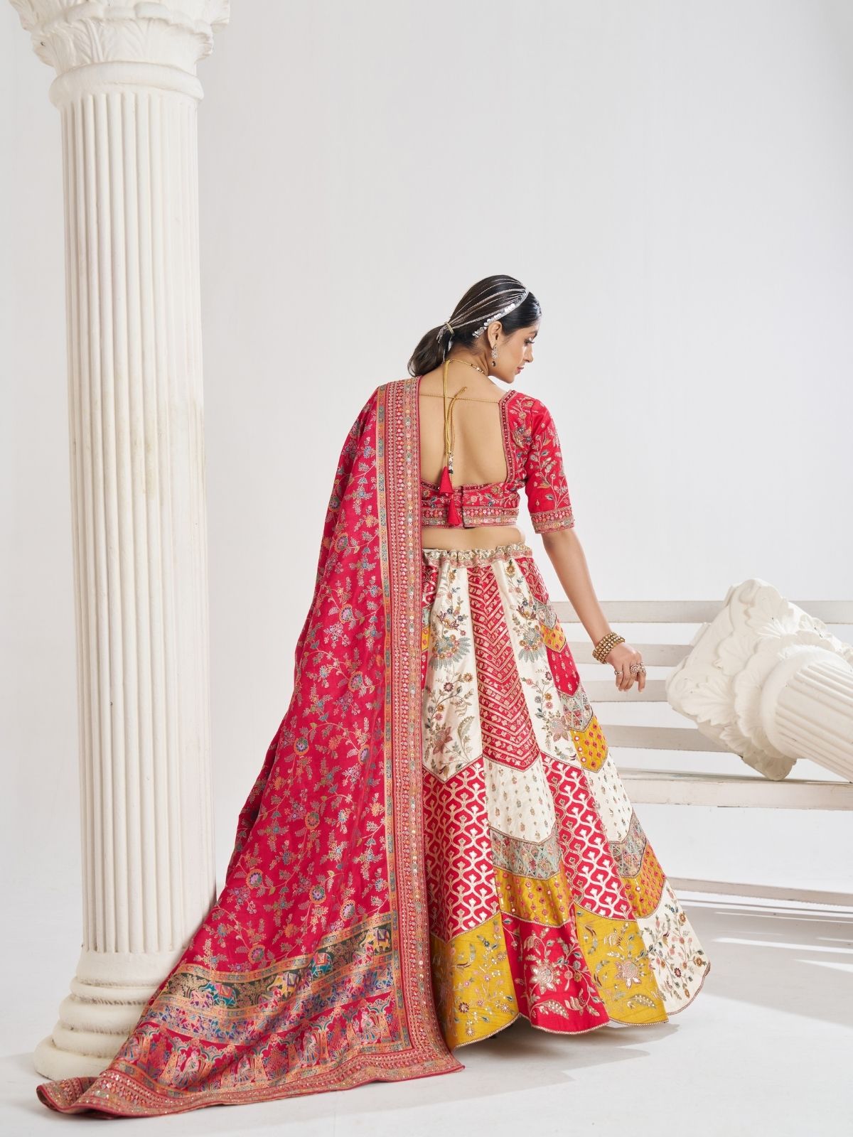 Odette Multicolor Banarasi Silk Embroidered Semi-Stitched Lehenga For Women