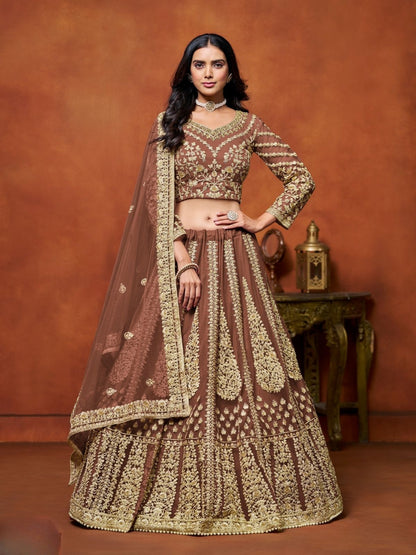 Odette Brown Net Embroidered Semi-Stitched lehenga For Women