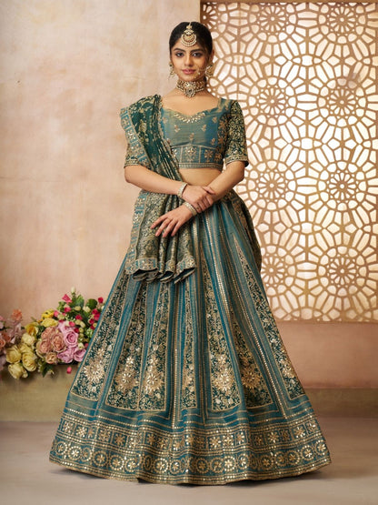 Odette Green Tissue Embroidered Semi-Stitched Lehenga For Women