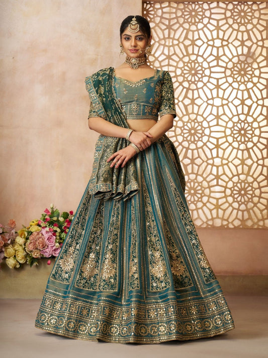 Odette Green Tissue Embroidered Semi-Stitched Lehenga For Women