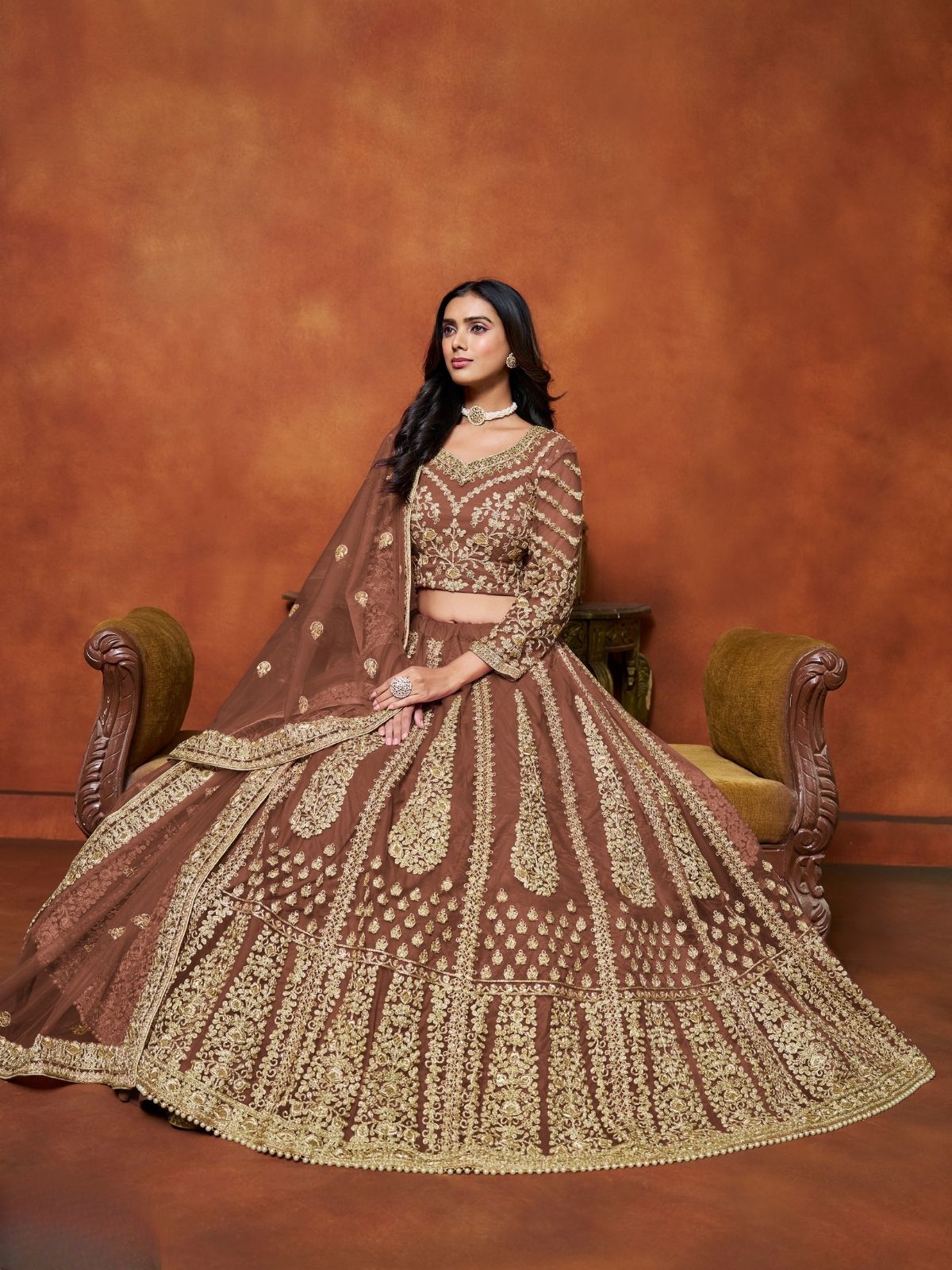 Odette Brown Net Embroidered Semi-Stitched lehenga For Women