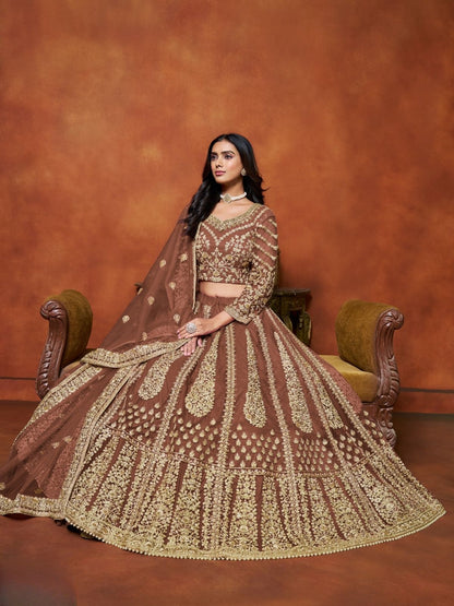 Odette Brown Net Embroidered Semi-Stitched lehenga For Women
