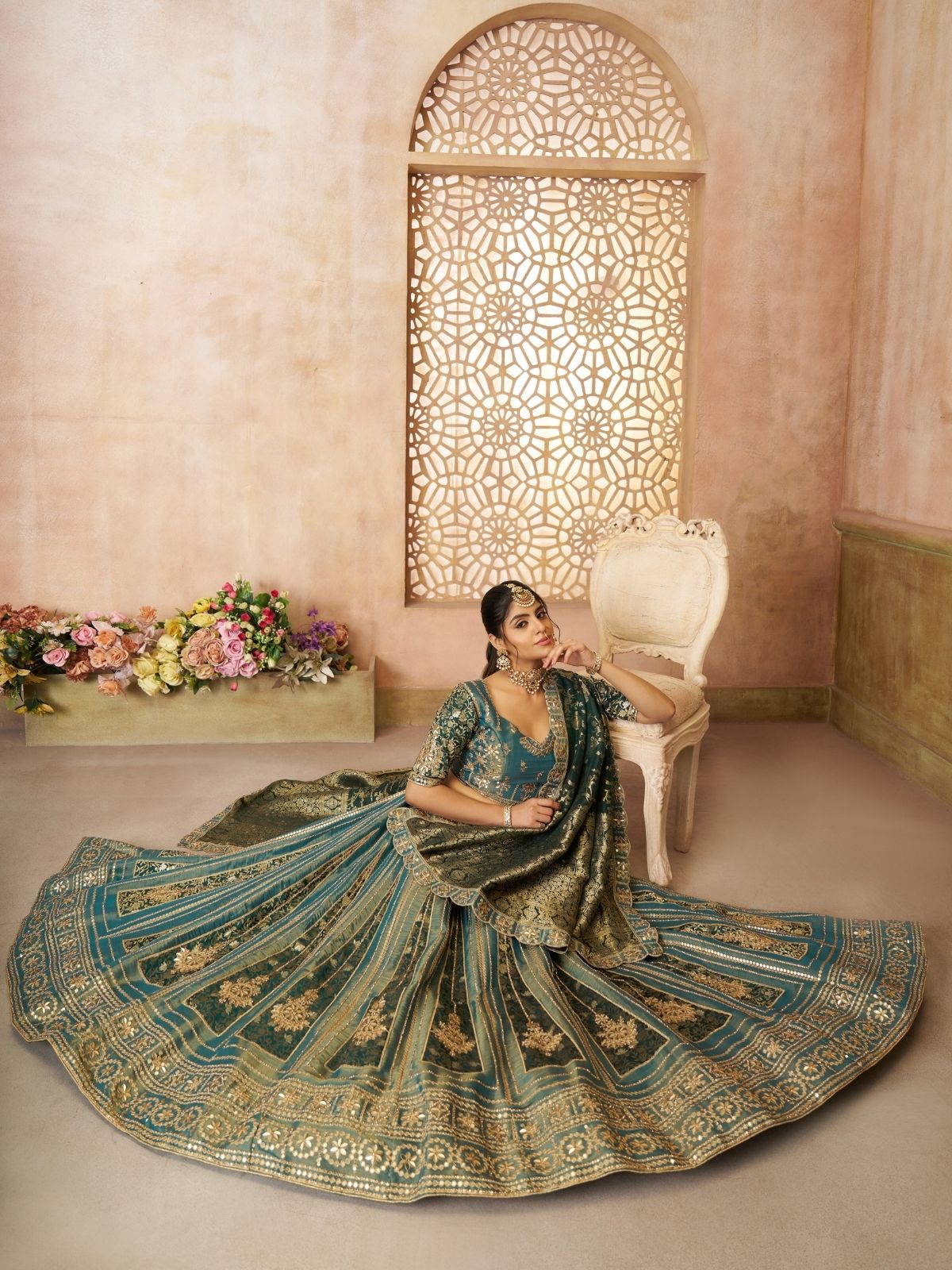 Odette Green Tissue Embroidered Semi-Stitched Lehenga For Women