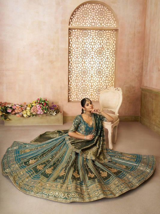 Odette Green Tissue Embroidered Semi-Stitched Lehenga For Women