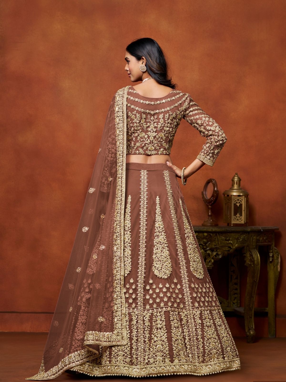 Odette Brown Net Embroidered Semi-Stitched lehenga For Women