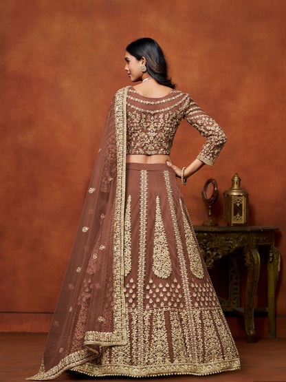 Odette Brown Net Embroidered Semi-Stitched lehenga For Women