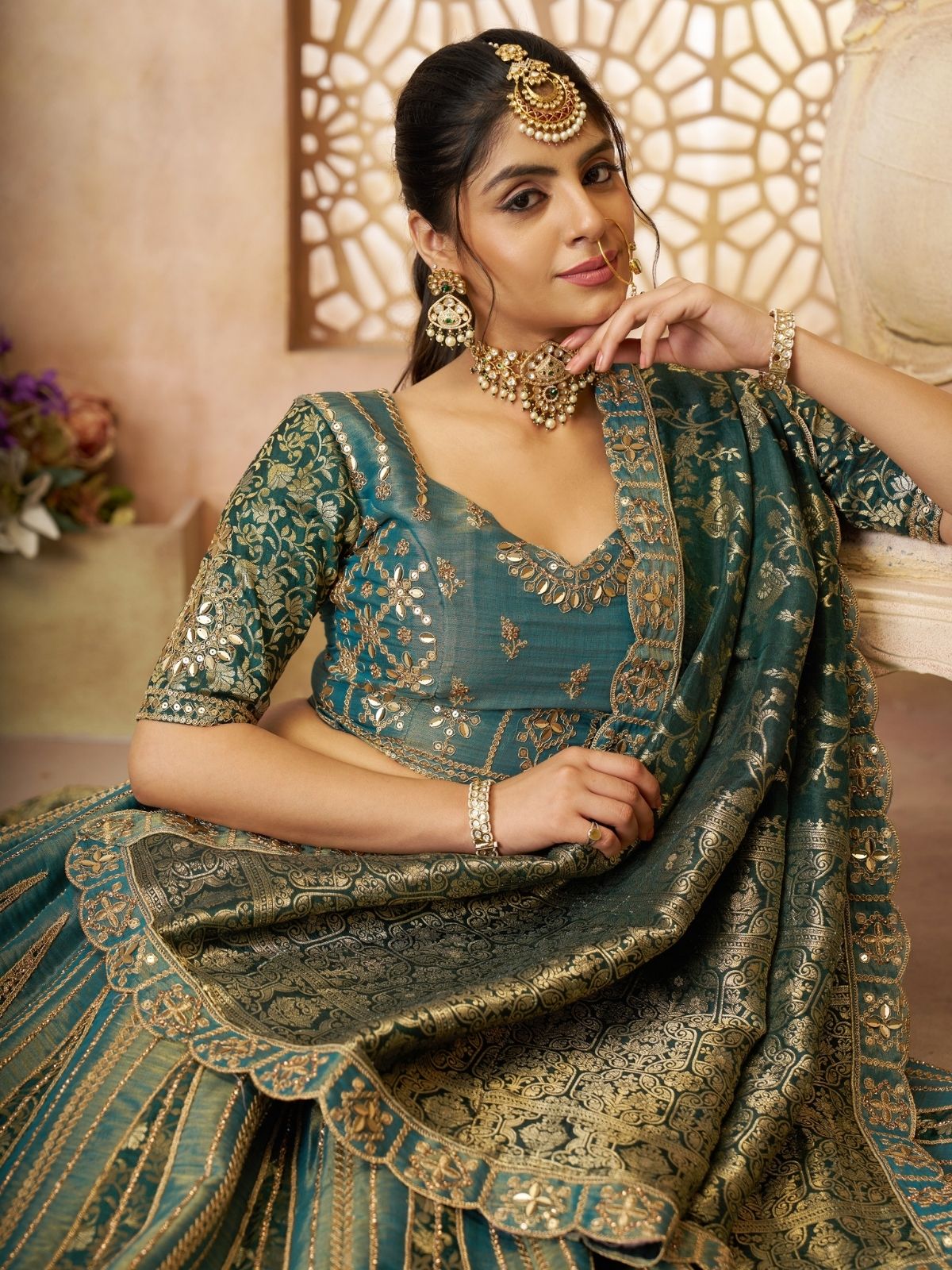 Odette Green Tissue Embroidered Semi-Stitched Lehenga For Women