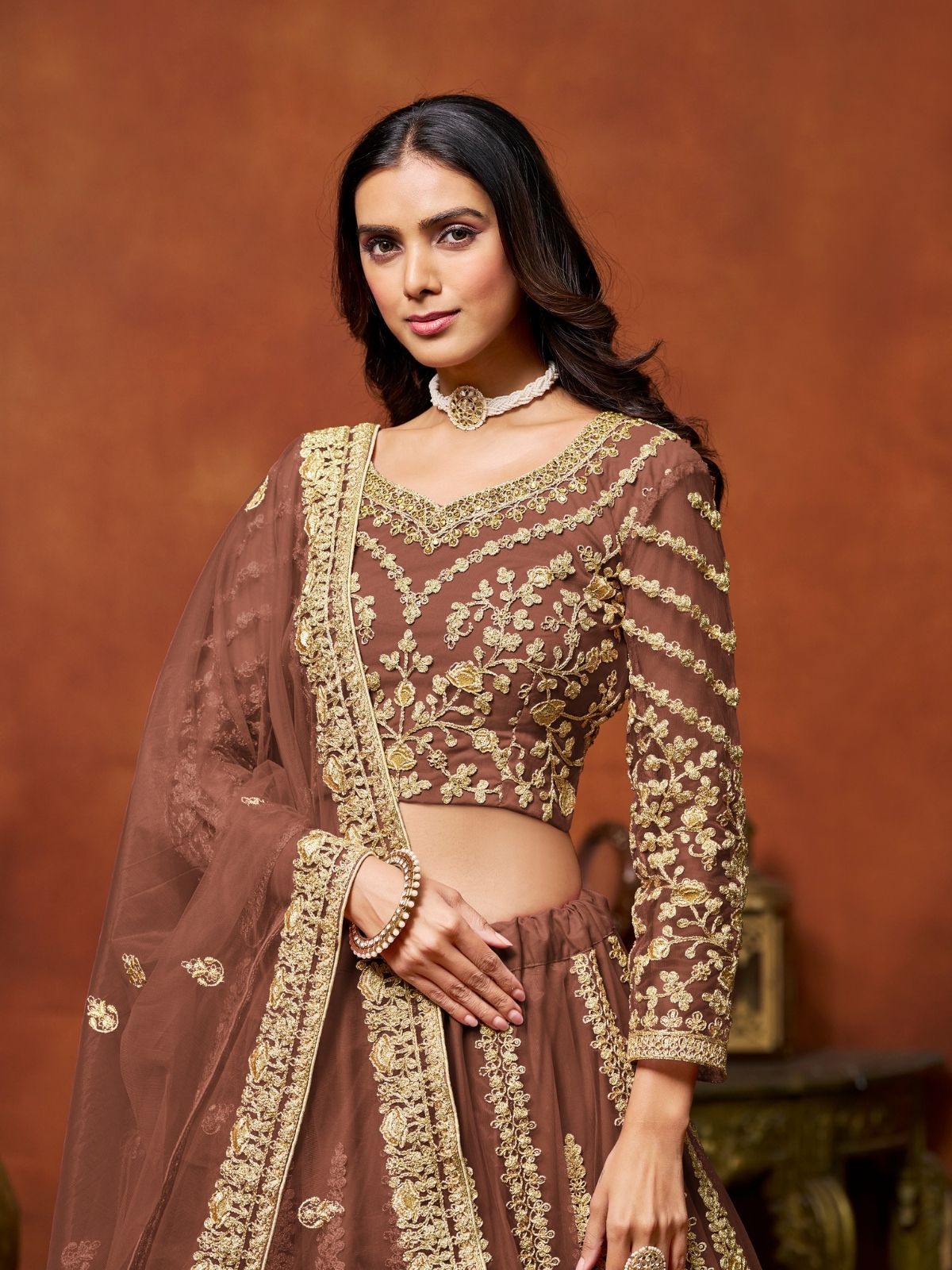 Odette Brown Net Embroidered Semi-Stitched lehenga For Women