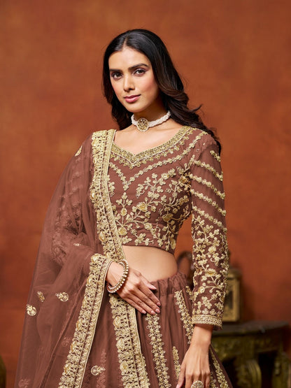 Odette Brown Net Embroidered Semi-Stitched lehenga For Women